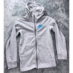 Nike Full Zip Hoodie Kids Small Gray Blue Logo Cotton AA6628-063
